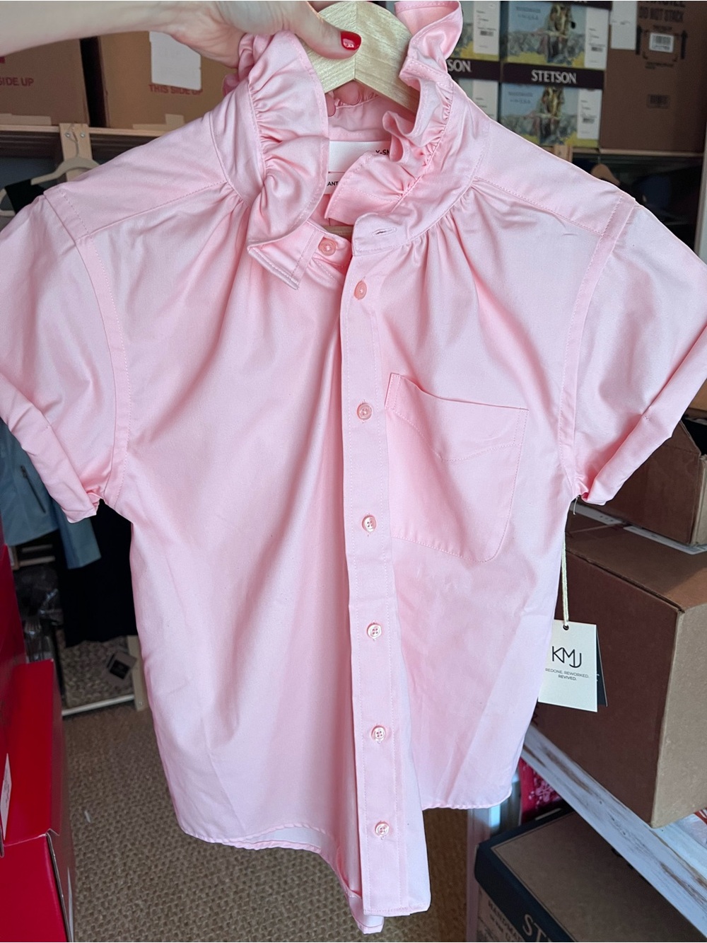 KMJ Quarantini Pink Ruffled Collar Button-Up Shirt- NEW w/ Tags